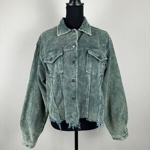 POL Clothing Frayed Hem Green Corduroy Trucker Jacket Womens Medium